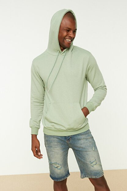 Men's Hooded Kangaroo Pocket Light Green Regular Fit Sweatshirt