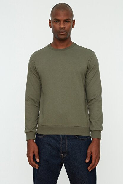 Men's Crew Neck Long Sleeves Khaki Sweatshirt