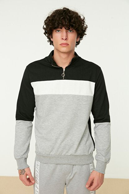 Men's Crew Neck Zipped Black Color Block Sweatshirt