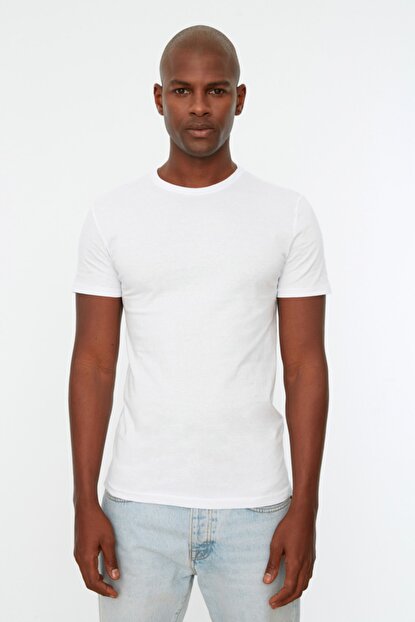 Men's Crew Neck Short Sleeves Basic White Cotton T-shirt