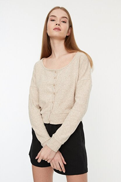 Women's Button Beige Soft Cardigan