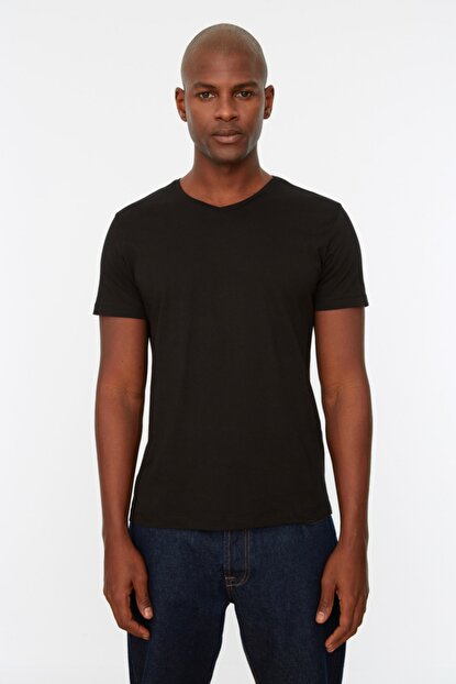 Men's V Neck Basic Black Cotton T-Shirt