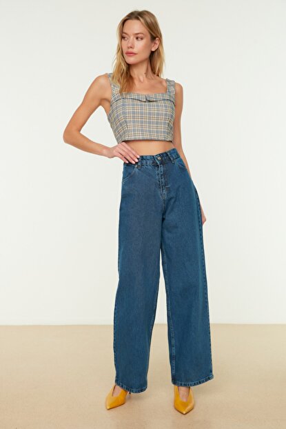 Women's High Waist Navy Blue Wide Leg Jeans