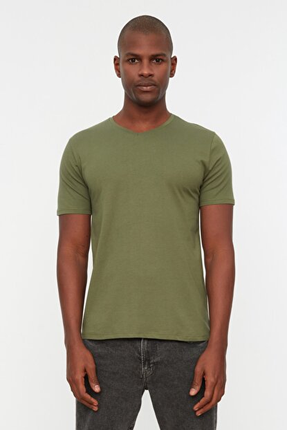 Men's V Neck Basic Khaki Cotton T-Shirt