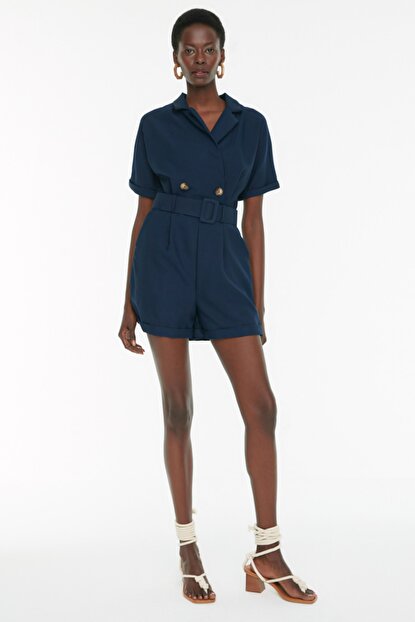 Women's Belted Navy Blue Overalls