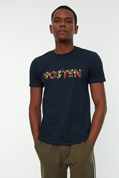 Men's Printed Navy Blue Slim Fit T-shirt