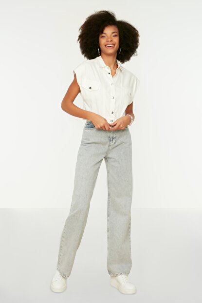 Women's High Waist Grey Wide Leg Jeans