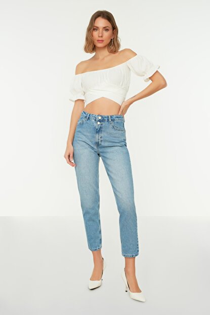 Women's High Waist Button Detail Blue Mom Jeans