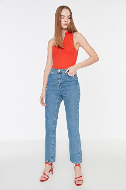 Women's High Waist Blue Straight Jeans