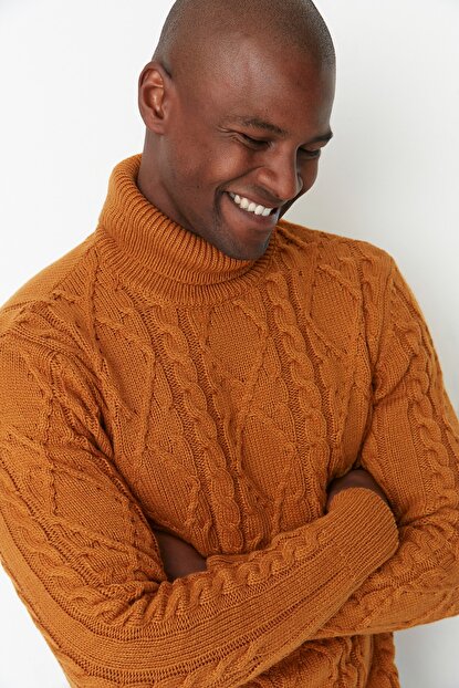 Men's Turtleneck Camel Slim Fit Tricot Sweater