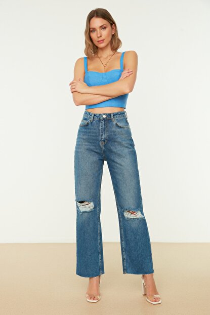 Women's High Waist Ripped Dark Blue Wide Leg Jeans
