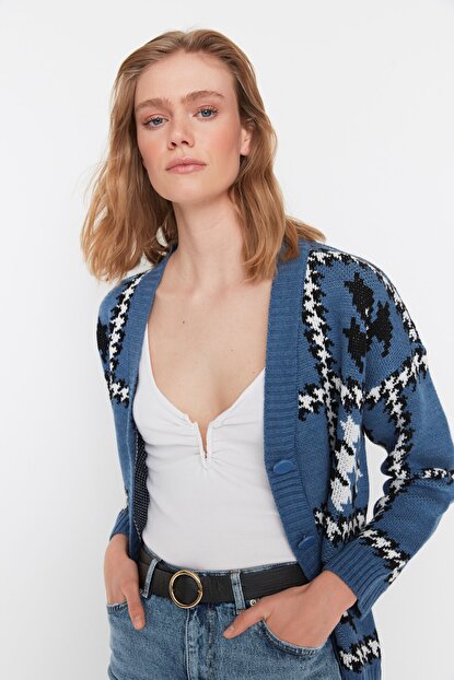Women's Navy Blue Jacquard Cardigan