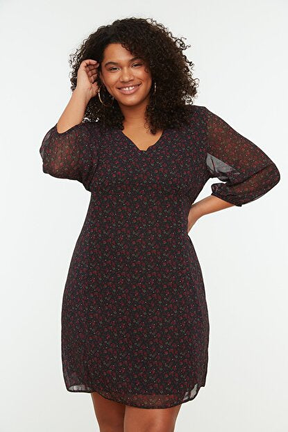 Women's Floral Pattern Black Chiffon Dress