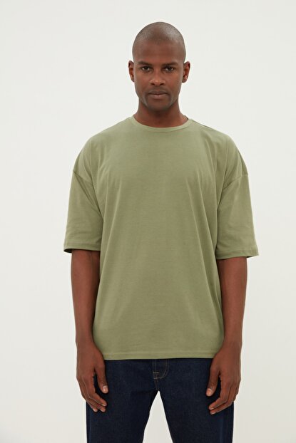 Men's Crew Neck Oversize Basic Khaki Cotton T-shirt