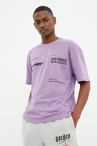 Men's Crew Neck Oversize Printed Lilac T-shirt