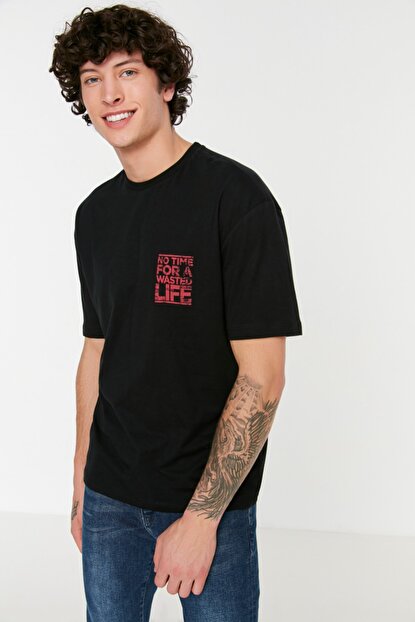 Men's Crew Neck Printed Black Relax Fit T-shirt