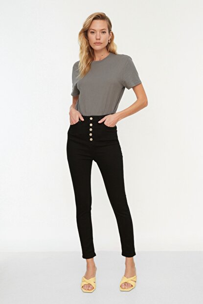 Women's Front Button High Waist Black Skinny Jeans