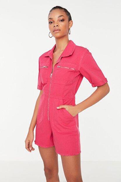 Women's Elastic Waist Fuchsia Denim Shorts Overall