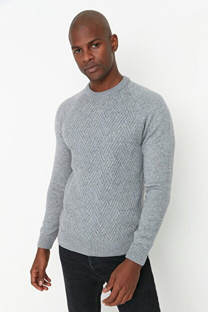 Men's Raglan Sleeves Grey Slim Fit Tricot Sweater