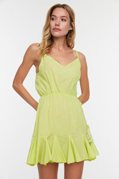 Women's Tie Detail Yellow Voile Beach Dress