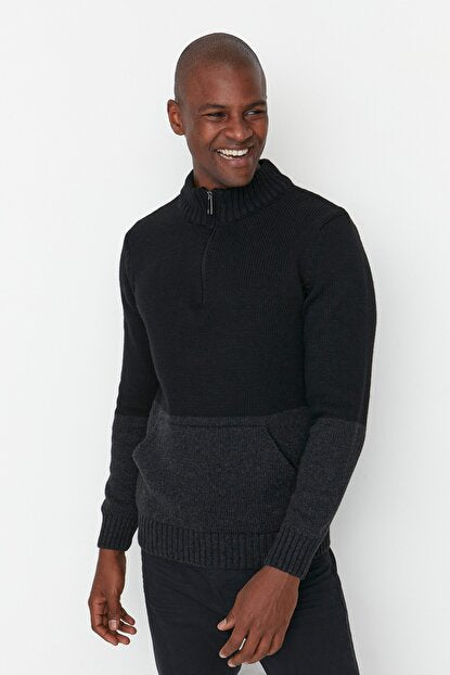 Men's Zipper Mock-Turtleneck Black Regular Fit Sweater