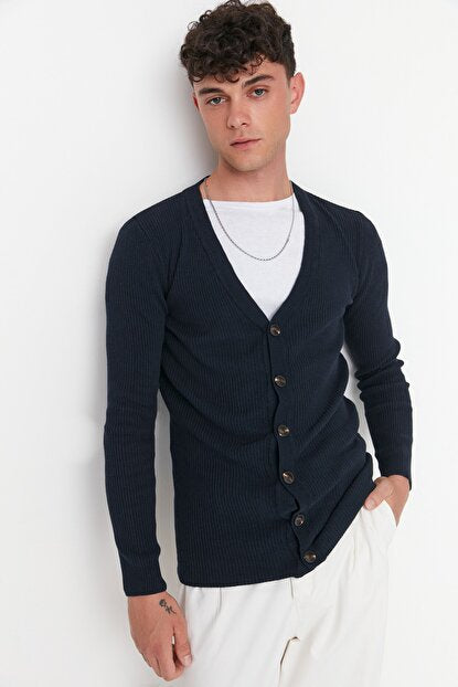 Men's V Neck Button Navy Blue Cardigan