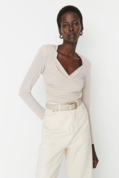 Women's Long Sleeves Beige Bodysuit