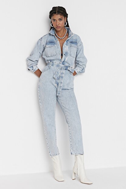 Women's Belted Elastic Waist Blue Denim Overall
