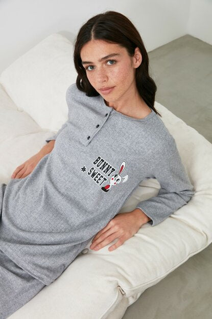 Women's Printed Grey Pajama Set
