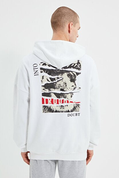 Men's Hooded Printed White Sweatshirt