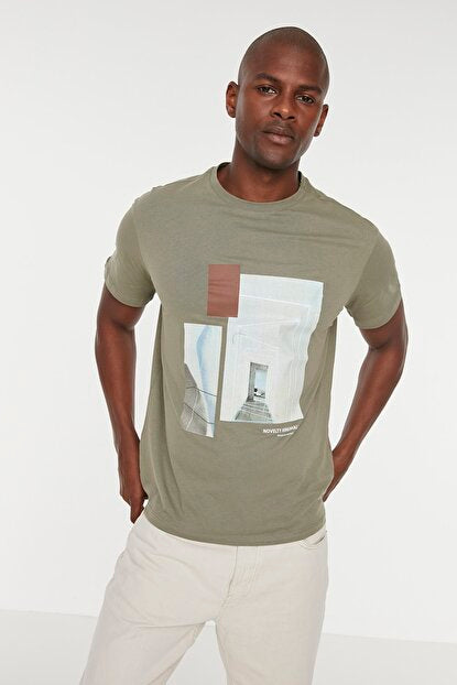 Men's Printed Khaki Regular Fit T-shirt