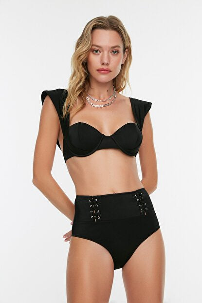 Women's High Waist Eyelet Detail Black Bikini Bottom
