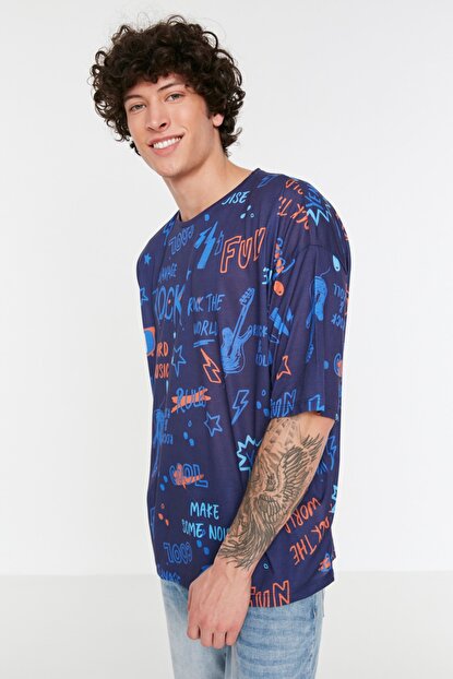 Men's Oversize Crew Neck Printed Navy Blue T-shirt