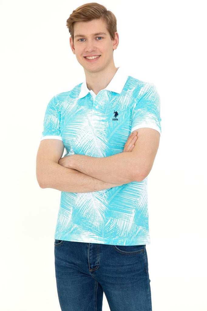Men's Polo Collar Patterned Turquoise T-shirt