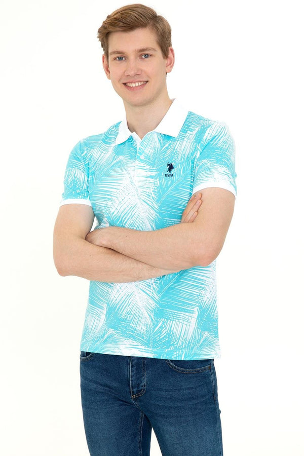 Men's Polo Collar Patterned Turquoise T-shirt