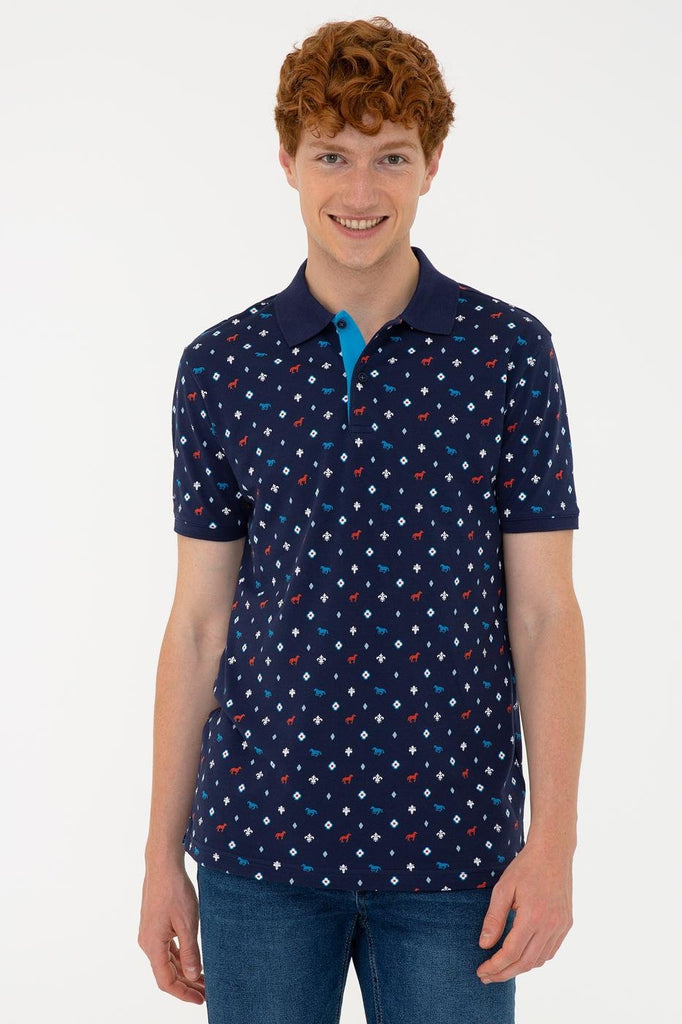 Men's Polo Collar Patterned Navy Blue T-shirt