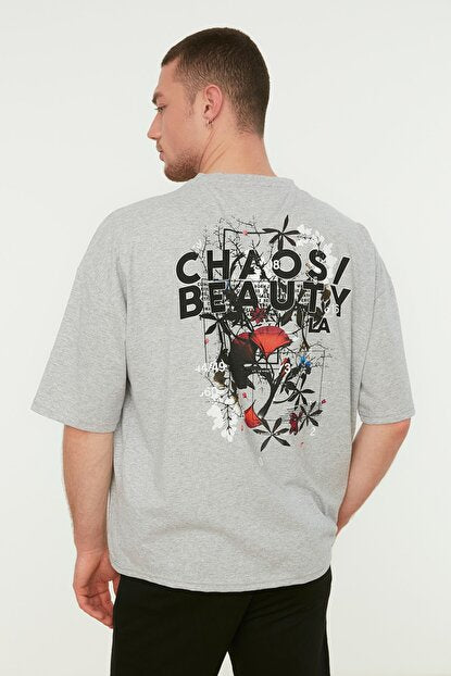 Men's Oversize Crew Neck Printed Grey T-shirt