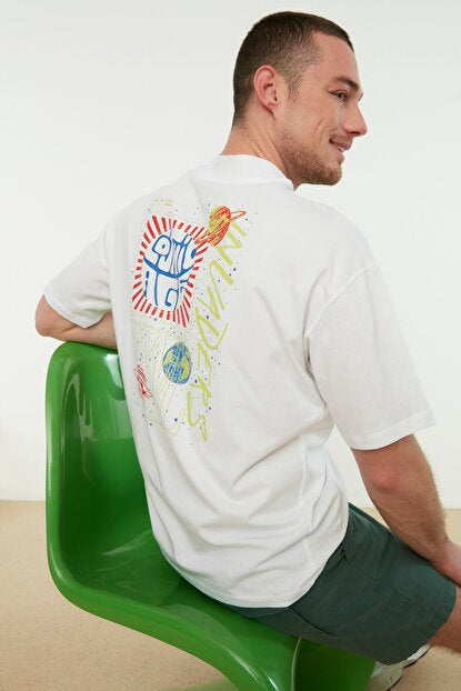 Men's Stand-up Collar Printed White Regular Fit T-shirt