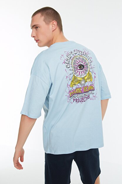 Men's Oversize Back Printed Blue T-shirt