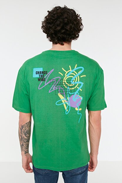 Men's Wide Cut Printed Green T-shirt