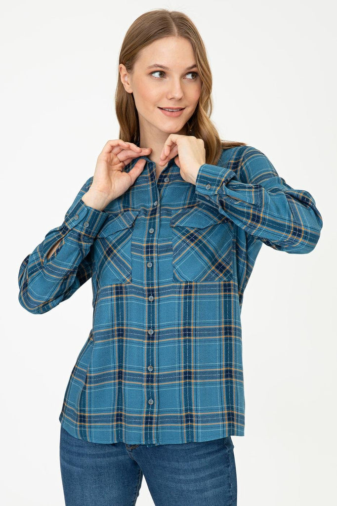 Women's Long Sleeves Plaid Green Shirt