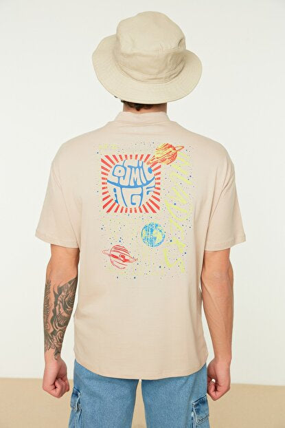 Men's Stand-up Collar Printed Beige Regular Fit T-shirt