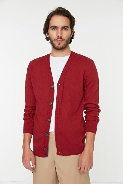 Men's V Neck Button Claret Red Tricot Cardigan