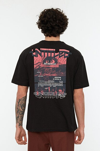 Men's Oversize Crew Neck Printed Black T-shirt