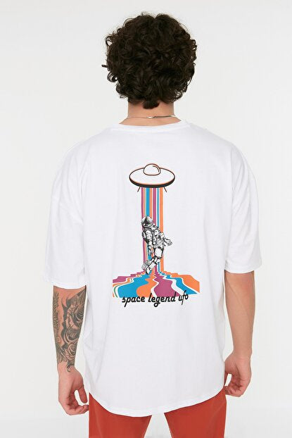 Men's Oversize Crew Neck Back Printed White T-shirt