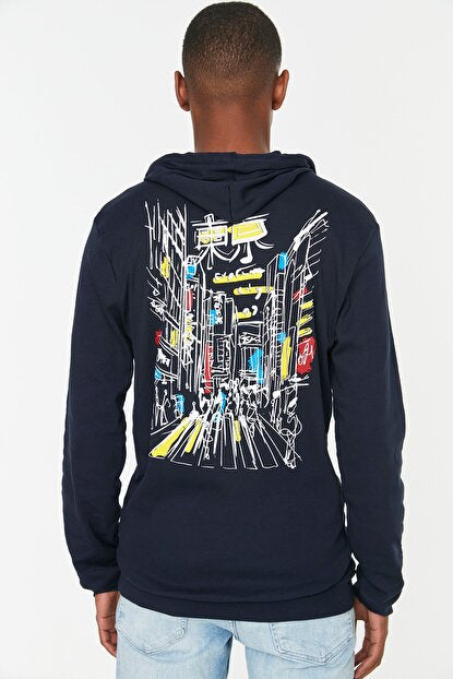 Men's Hooded Printed Navy Blue Sweatshirt