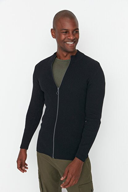 Men's Zipped Black Tricot Cardigan