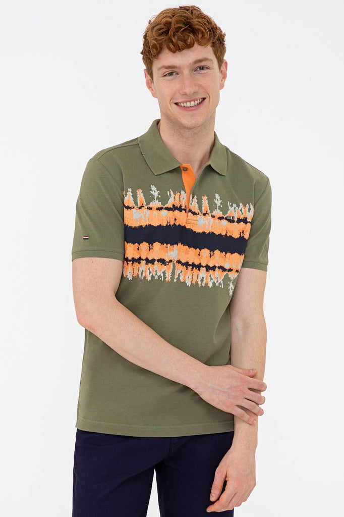 Men's Polo Collar Printed Khaki T-shirt
