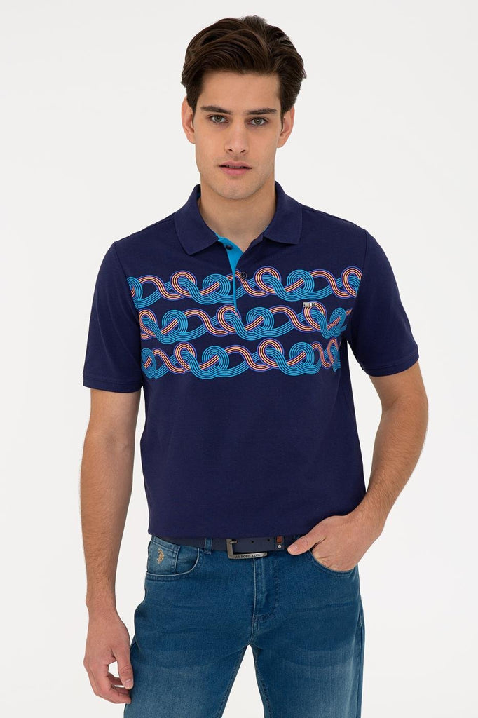 Men's Polo Collar Printed Navy Blue T-shirt