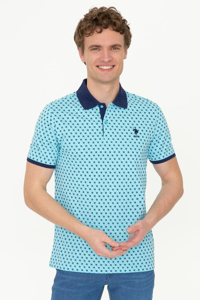 Men's Polo Collar Patterned Turquoise T-shirt